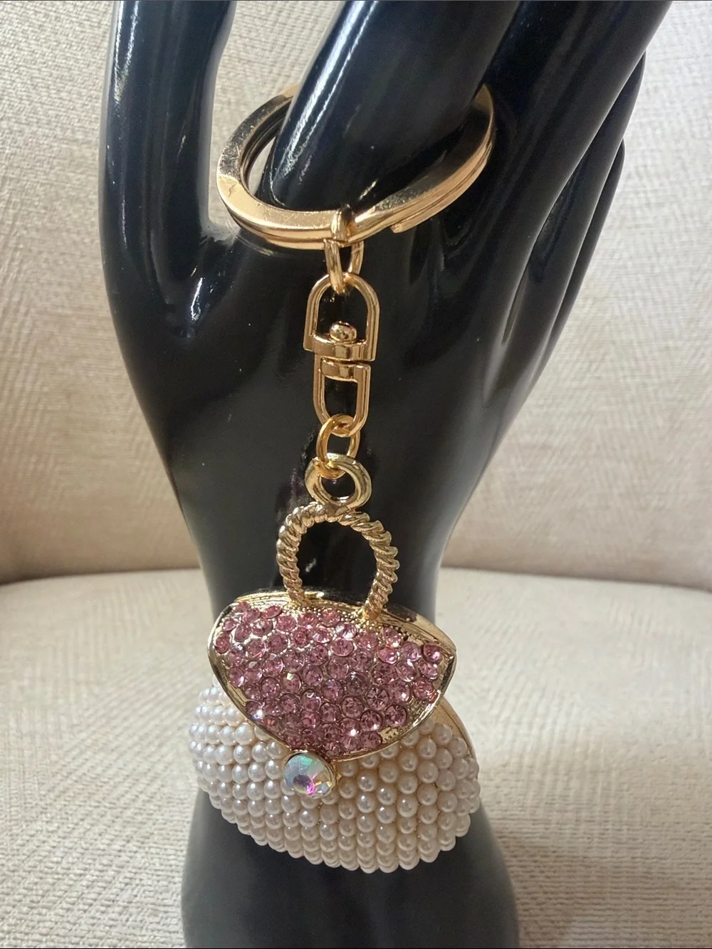 Gold Keychain Purse Charm with Pink Rhinestones and Pearls